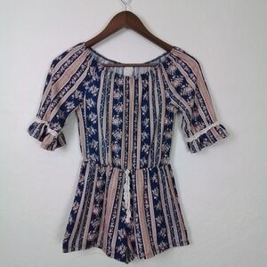 Heart & Arrow Girl Floral Stripe Romper Size M (10) Blue Pink Boho Ruffle Sleeve